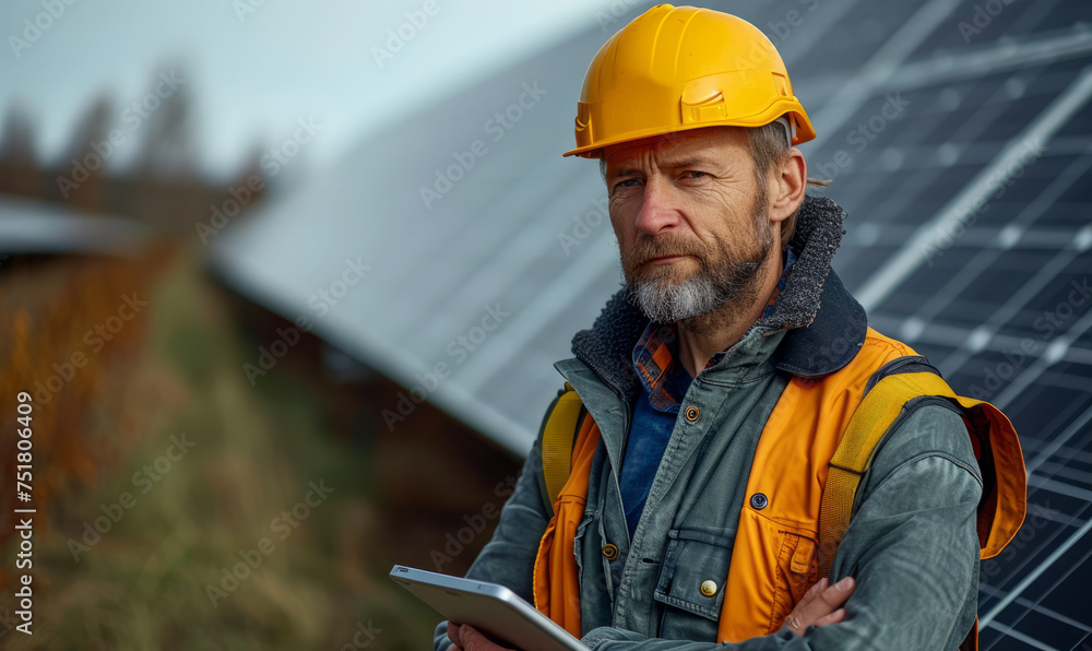 Portrait of handsome engineer in protective workwear standing with tablet on the background of solar panels Portrait of handsome engineer in protective workwear standing with tablet on the background of solar panels