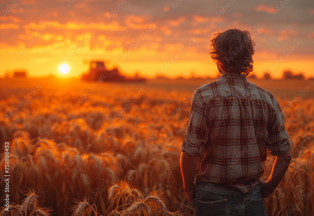 Fototapeta premium Farmer standing in wheat field looking at his combine