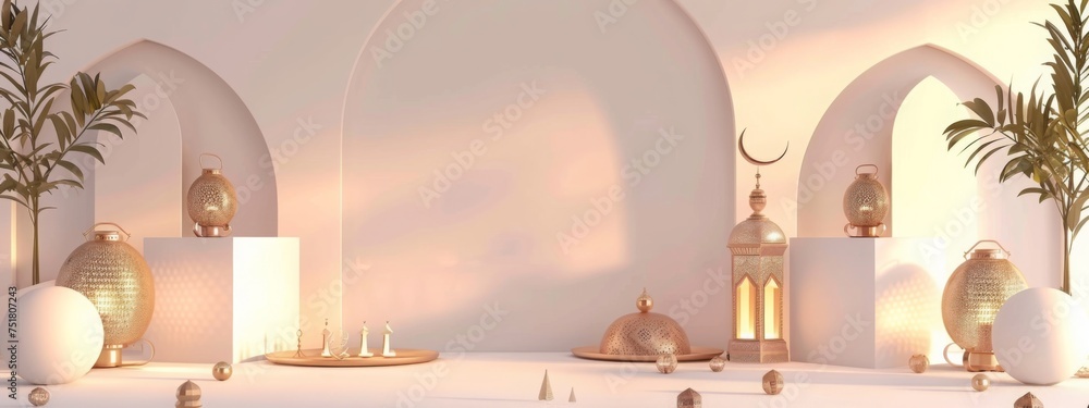 Fototapeta 3D modern Islamic holiday banner is perfect for any Ramadan celebration. especially when displayed on a podium featuring a Ramadan lantern. metal moon. and mosque portal.