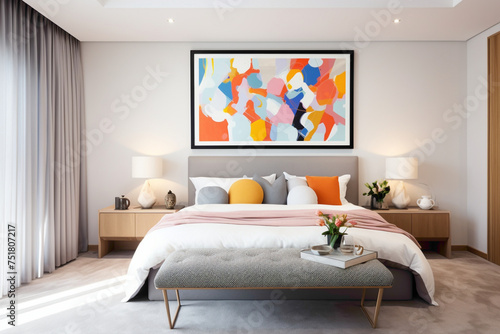 A contemporary bedroom space featuring an empty frame against a wall adorned with vibrant, expressive abstract artwork.