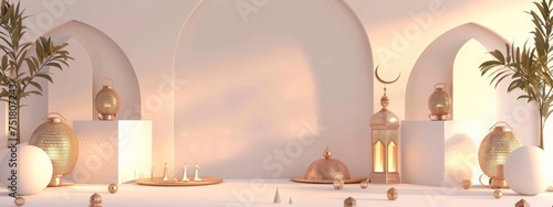 Fototapeta 3D modern Islamic holiday banner is perfect for any Ramadan celebration. especially when displayed on a podium featuring a Ramadan lantern. metal moon. and mosque portal. 