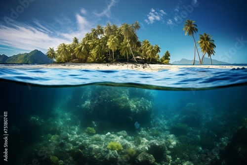 an island with palm trees and coral under water