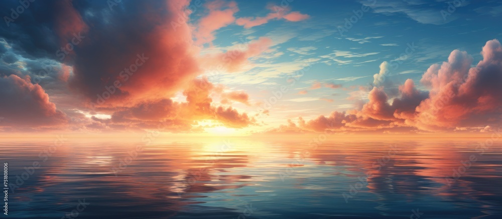 The sun setting over the ocean, casting a warm glow on the water. The sky is filled with fluffy clouds, creating a stunning scene of natural beauty.