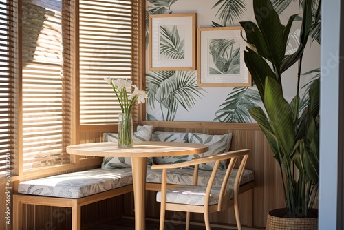 Sunny Breakfast Nook  Geometric Wallpaper   Tropical Plant Decor