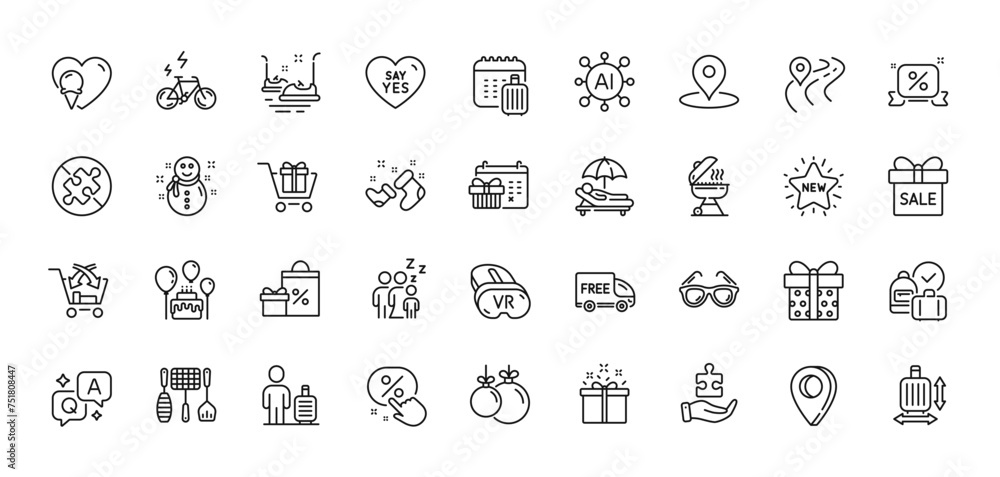 Baggage size, Christmas ball and Vr line icons pack. AI, Question and Answer, Map pin icons. Shopping cart, Ice cream, Special offer web icon. New star, Christmas calendar, Pin pictogram. Vector