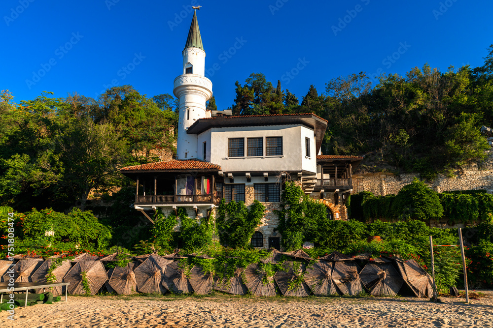 Morning scene at the Black Sea with the castle in Balchiik, the touristic landmark in Bulgaria