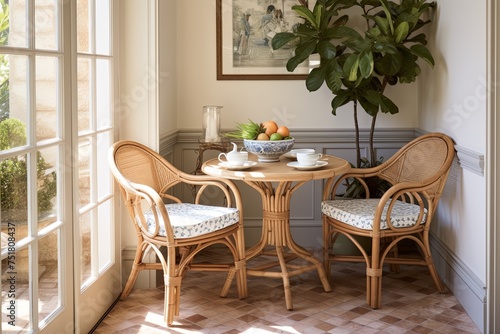 Sunny Breakfast Nook  Wave-Patterned Tiles  Vintage Stone Fountains  and Rattan Chairsscape