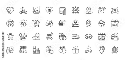 Baggage size, Christmas ball and Vr line icons pack. AI, Question and Answer, Map pin icons. Shopping cart, Ice cream, Special offer web icon. New star, Christmas calendar, Pin pictogram. Vector