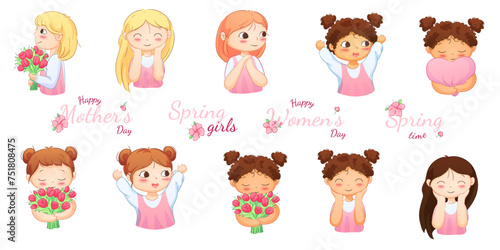 Illustrations of little girls of diverse nationalities, both with and without flowers, suitable for spring and summer holidays. Includes greeting inscriptions.