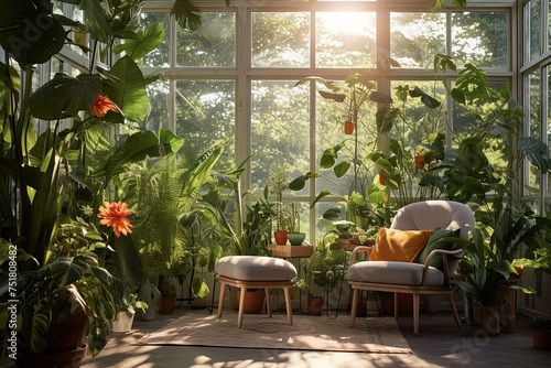 Sunny Conservatory: Enchanted Forest Wall Murals with Green Plants & Wooden Furniture