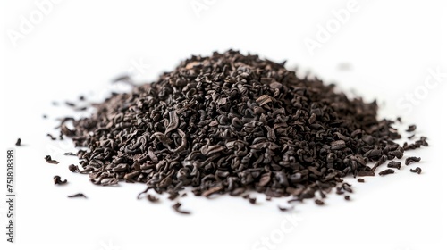 black granulated tea on white background, isolate. 