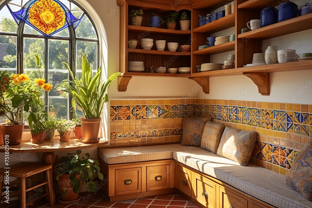Sunny Kitchen Nook: Intricate Tilework, Wooden Shelves, and Cozy Seat Cushions