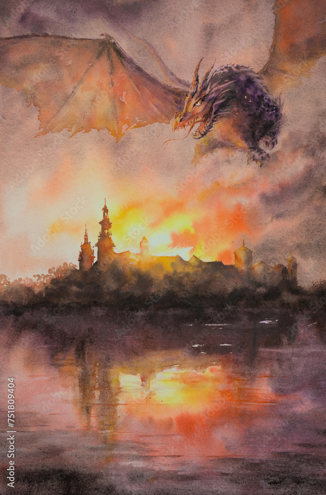 Fantasy scene with dragon flying over burning castle. Picture created with watercolors.