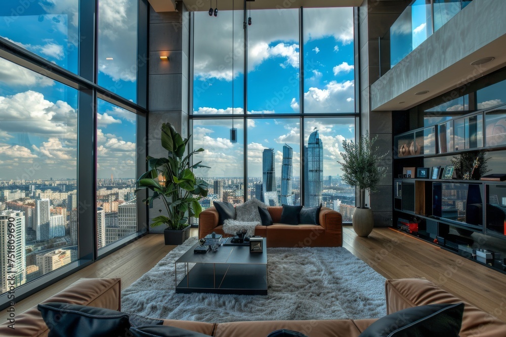 Chic and modern lounge area featuring comfortable furnishings with a breathtaking view of the cityscape and skyscrapers through expansive windows