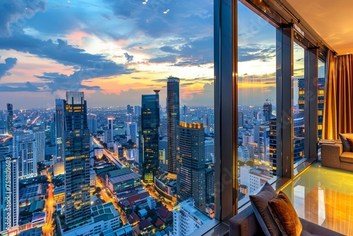 Twilight engulfs the city as the luxurious apartment interior lights blend with the urban skyline