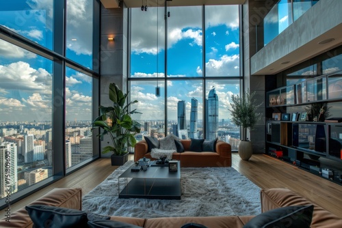 Chic and modern lounge area featuring comfortable furnishings with a breathtaking view of the cityscape and skyscrapers through expansive windows © Milos