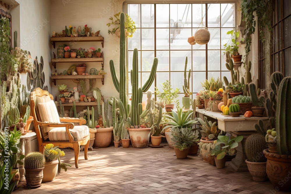 Sunny Terrace Oasis: Vintage Stone Fountains, Cactus and Succulent Displays, Woven Wall Hangings
