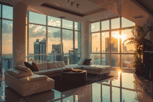 Expansive and plush living room interior bathed in the golden light of a city sunset through large windows