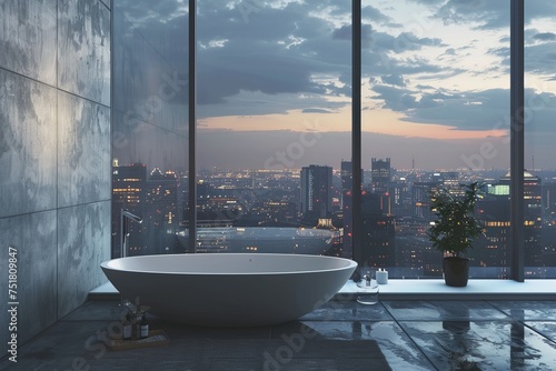 A sophisticated and minimal bathroom design set against the backdrop of a nocturnal urban landscape © Milos