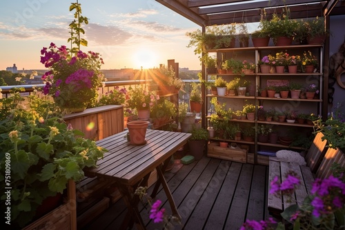 Sunny Terrace Workstations: Lavender and Rose Planters for Urban Garden Balcony Ideas