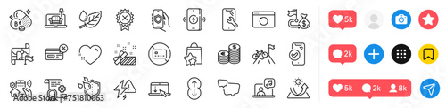 Speech bubble, Leaf dew and Lightning bolt line icons pack. Social media icons. Heart, Furniture, Swipe up web icon. Cashback, Reject medal, Financial goal pictogram. Vector
