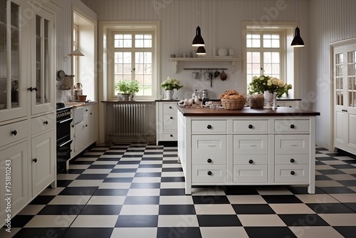 Scandinavian Kitchen Fusion: Modern Aesthetics Meet Traditional Checkerboard Floors