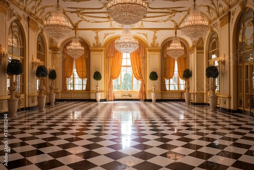 Golden Mirror Splendor: Traditional Checkerboard Elegance in a Crystal Chandelier Ballroom