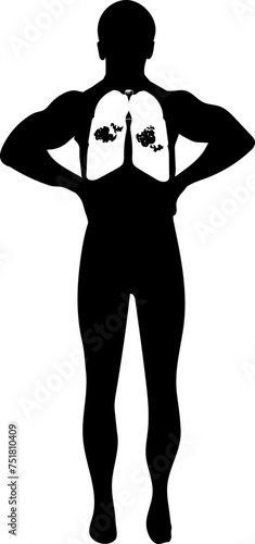 A vector illustration featuring the black silhouette of a man's body with illustrated lungs affected by illness, depicted in white color, representing conditions such as pneumonia, coronavirus, and re