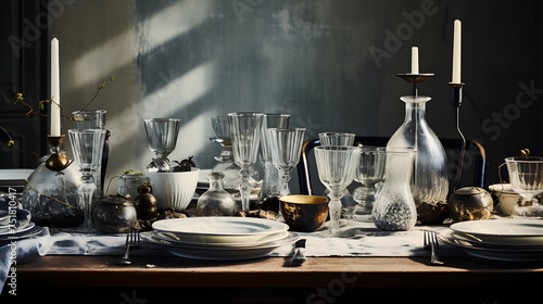 Monochrome Majesty: An Artistic Rendering of a Fine Dining Table Setup in Black and White