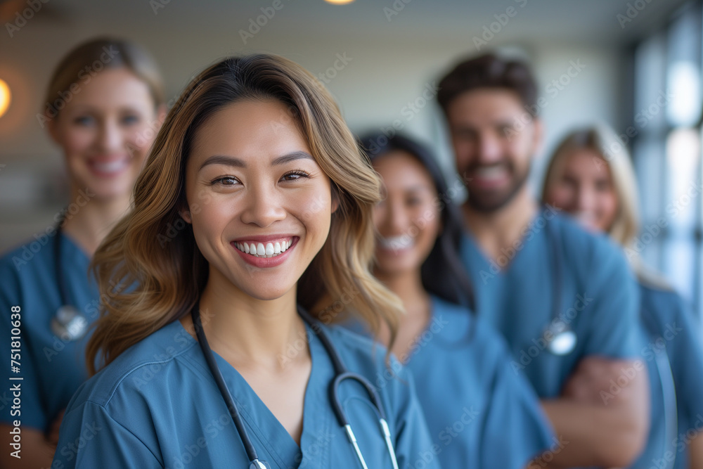 A diverse group of healthcare professionals in scrubs standing together with smiles, showcasing teamwork and dedication in a medical environment A diverse group of healthcare professionals in scrubs standing together with smiles, showcasing teamwork and dedication in a medical environment