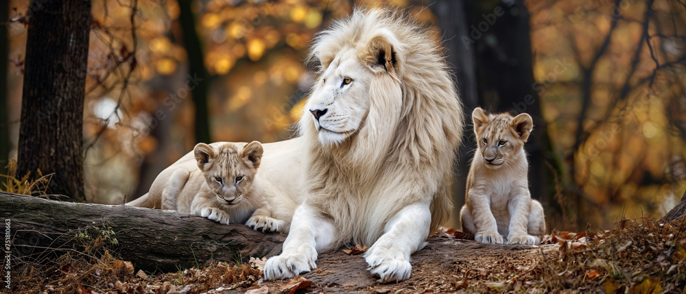 Leão albino e dois filhotes na floresta - Papel de parede - obrazy, fototapety, plakaty 