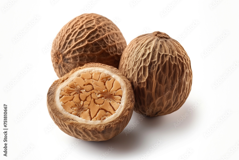 Nutmeg close up isolated on white background Nutmeg close up isolated on white background