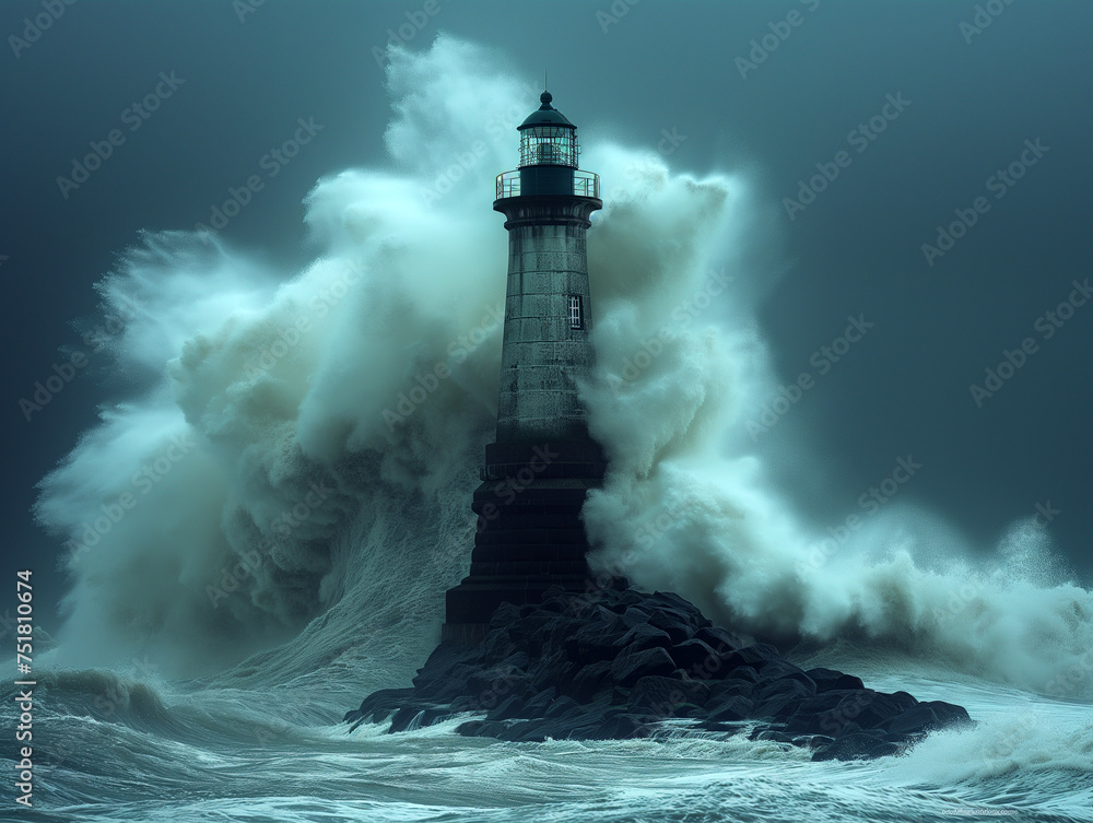 A lighthouse crashing over a wave, in the style of industrial landscapes