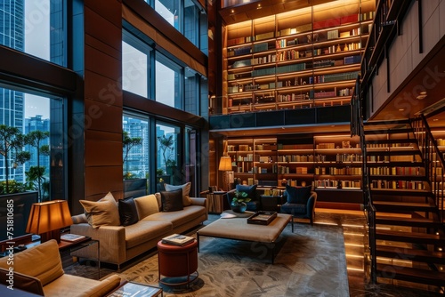 Warm, inviting library interior featuring beige lounges, atmospheric lighting, and multiple floors of custom bookcases