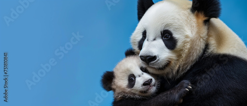 Panda e seu filhote isolado no fundo azul - Papel de parede 