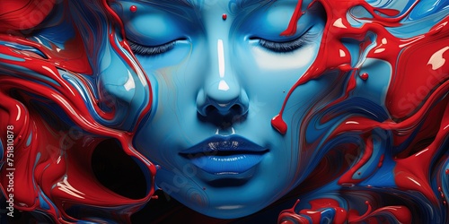 Contemporary art with a surreal face created from merged fluid shapes in bold blue and red tones