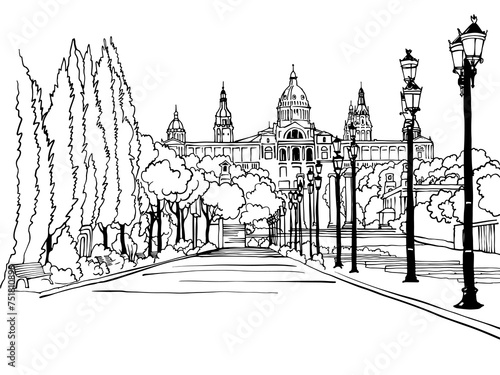 Nice view of old city. Barcelona, Spain. Hand drawn sketch style. Line Art. Urban landscape. Vector illustration. White background. Vintage postcards style.