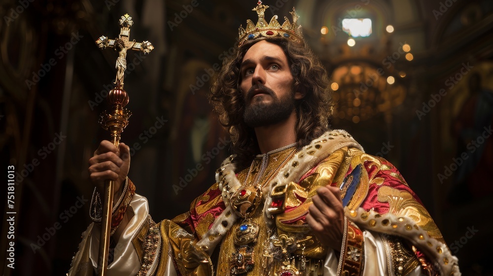 A majestic portrayal of Jesus Christ as King of Kings, adorned in regal attire, with a crown and scepter.