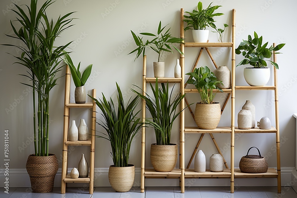 Tropical Plant Decorations: Bamboo Shoots and Sleek Shelving Showcase in Minimalist Design 