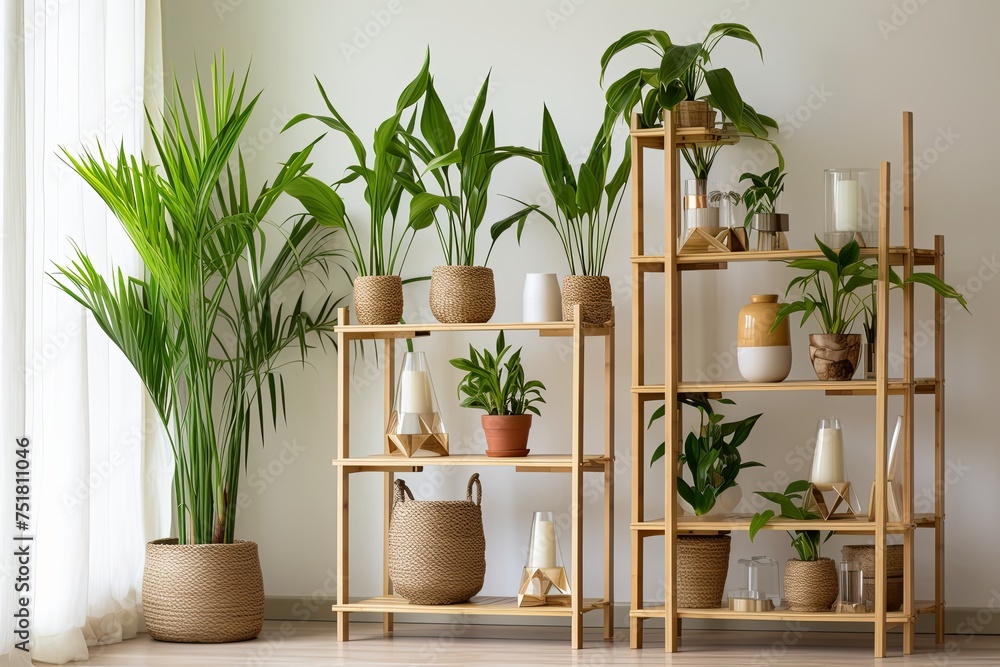 Tropical Plant Decorations: Bamboo Shoots Beside Sleek Shelving in Minimalist Design