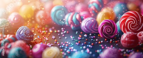 Enchanting display of colorful candy spheres with vibrant sprinkles and a dreamy bokeh effect. photo
