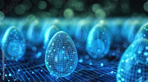A digital field of glowing blue wireframe eggs on a grid