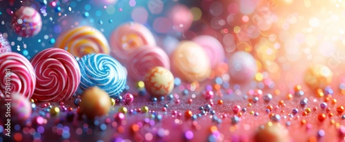 Enchanting display of colorful candy spheres with vibrant sprinkles and a dreamy bokeh effect. photo