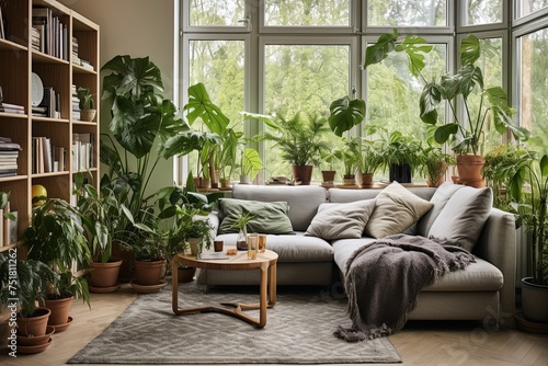 Green Foliage Oasis: Tropical Plant Decorations in Nordic Apartment with Cozy Rug