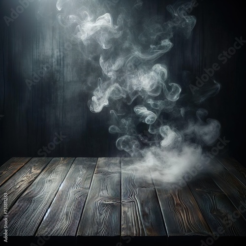 Dark empty wooden table with smoke float up on dark wall background. Free space for your decoration