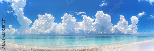 Beautiful beach panorama, seascape with a wide horizon, showcasing the beautiful expanse of the sky meeting the sea © BackgroundHolic