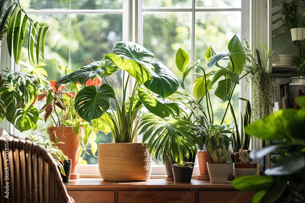 Tropical Plant Paradise: Sunny Home Office Desk Adorned with Potted Plants