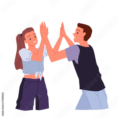 Happy friends give high five. Young man and woman clap with palms together in informal communication gesture of friendship, victory and greeting, positive body language cartoon vector illustration