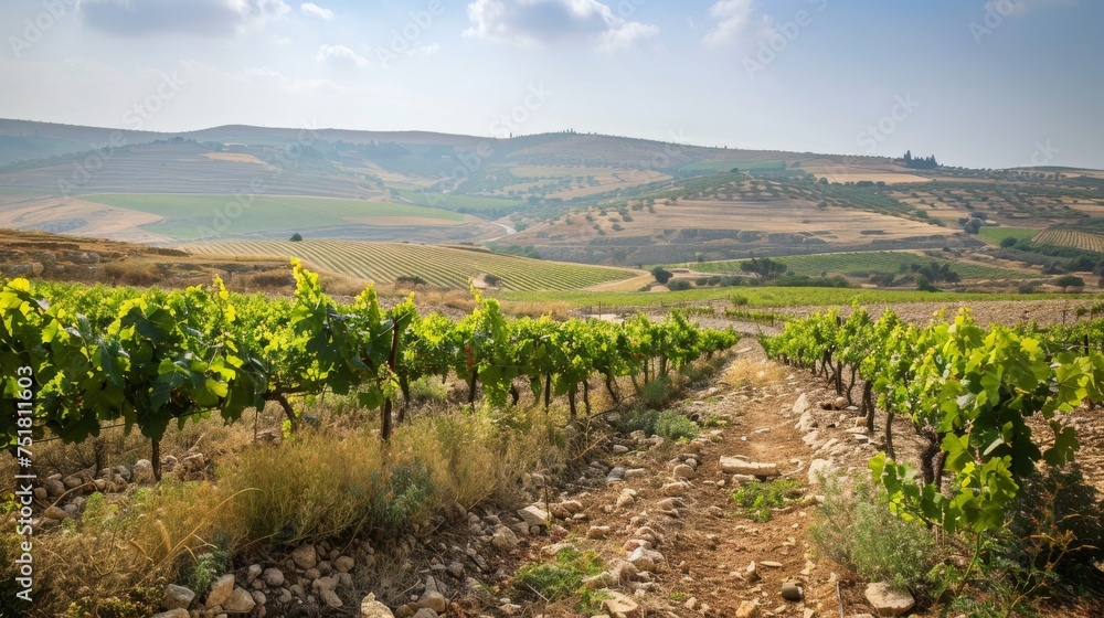A rustic scene of vineyards in the hills of Judea, symbolizing the parables of Jesus and the importance of growth and cultivation.
