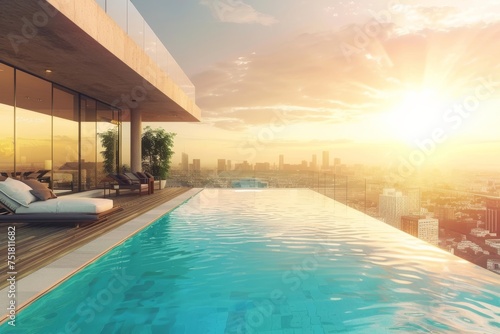 Capture the golden hour from this stunning infinity pool on a high-rise with panoramic city views at sunrise © Milos